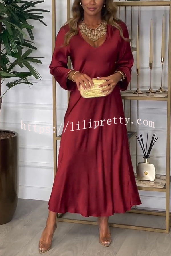 Solid Color V-neck Long-sleeved Loose Draped Maxi Dress