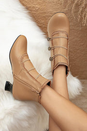 Retro Lace Round Buckle Low Heel Martin Boots