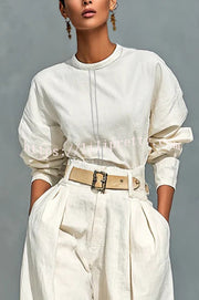 Fashionable Round Neck Long-sleeved Casual Top and High Waist Pocket Loose Wide-leg Pants Set
