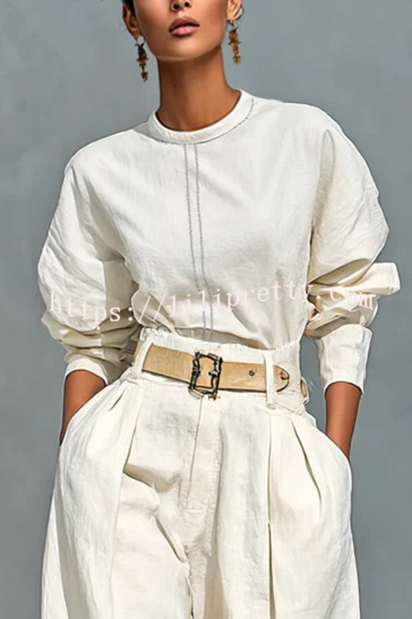 Fashionable Round Neck Long-sleeved Casual Top and High Waist Pocket Loose Wide-leg Pants Set