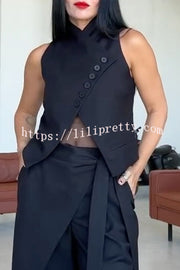 Urban Charm High Stand-up Collar Oblique Buckle Design Sleeveless Vest