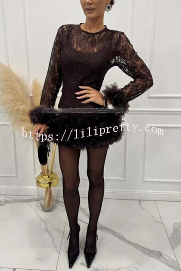 Alyssa Lace Fabric Tulle Layered Petals Trim Long Sleeve Mini Dress