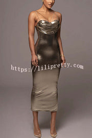 Visions of You Metallic Fabric Cowl Neck Removable Straps Stretch Midi Dress