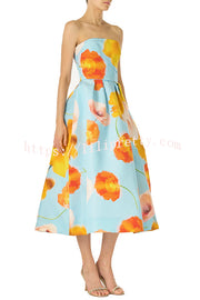 Floral Print Off Shoulder Backless Elegant Midi Dress