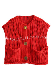 Solid Color Sleeveless Pocket Knitted Vest