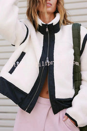 Stylish Patchwork Stand Collar Sherpa Zipper Jacket