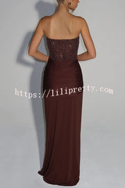 Carina Sequined and Satin Jersey Off Shoulder Ruched Knot Drape Maxi Dress