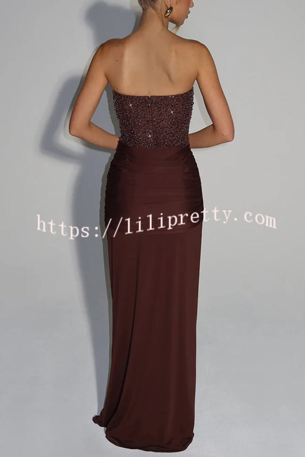 Carina Sequined and Satin Jersey Off Shoulder Ruched Knot Drape Maxi Dress