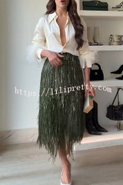 Party Crasher Feather Trim Long Sleeve Button Up Loose Blouse