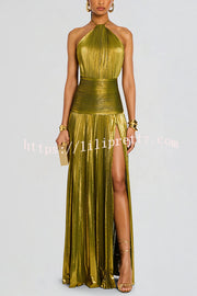 Metallic Halterneck Backless Pleated Waisted High-slit Maxi Dress