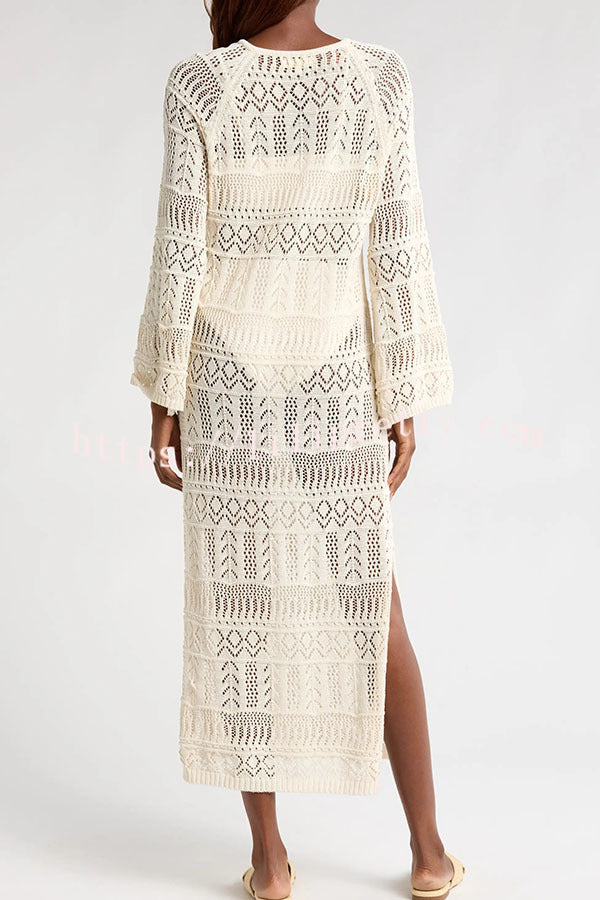 Hollie Knit Unique Pattern Tie-up Long Sleeve Cover-Up Midi Dress