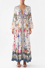 Fairy Tale Print V-Neck Lantern Sleeve Waist Maxi Dress