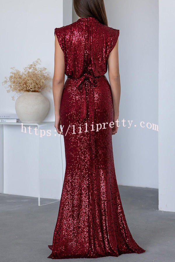 Dreamy Delights Sequin Wide Short Sleeve Back Tie-up Ruched Slit Maxi Dress