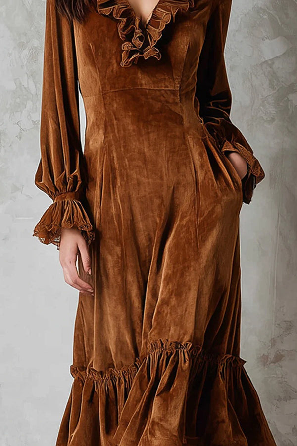 Fashionable Velvet Lace Patchwork V-neck Ruffle Midi Dress
