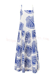 Linen Blend Shell Print Loose Strappy Resort Style Maxi Dress