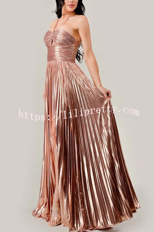Make A Toast Metallic Fabric Cross Neck Cutout Slit Pleated Maxi Dress
