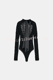Anna Semi-sheer Lace Long Sleeve Back Bow Tie-up Cutout Stretch Bodysuit