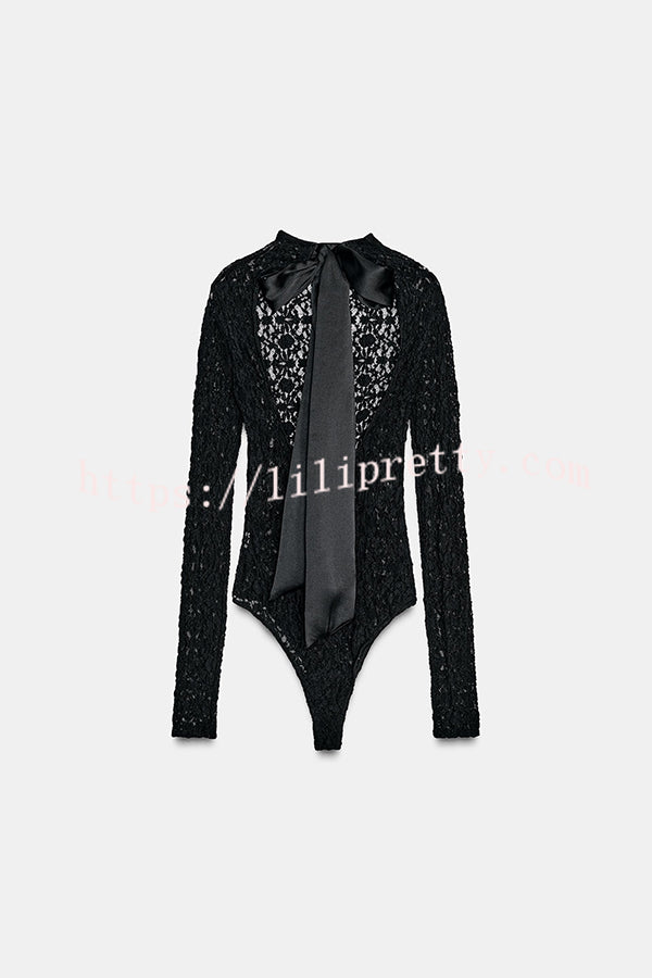 Anna Semi-sheer Lace Long Sleeve Back Bow Tie-up Cutout Stretch Bodysuit