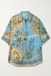 Satin Floral Print Loose Shirt and Elastic Waist Pocket Casual Wide-leg Pants