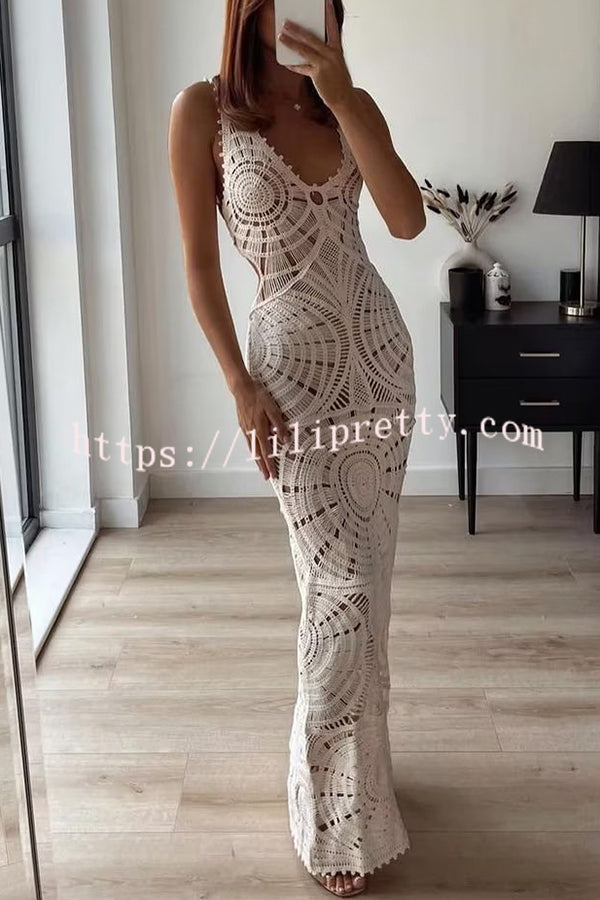 Lilipretty® On Vacay Time Crochet Lace Cutout Waist Coverup Stretch Maxi Dress