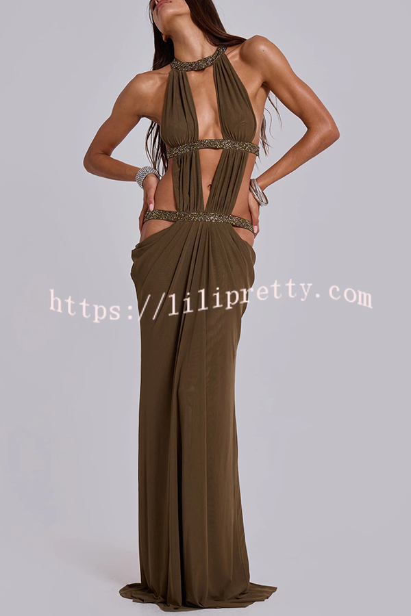 Khaki Hot-fix Rhinestone Shoulder Strap Cutout Design Backless Drape Maxi Dress