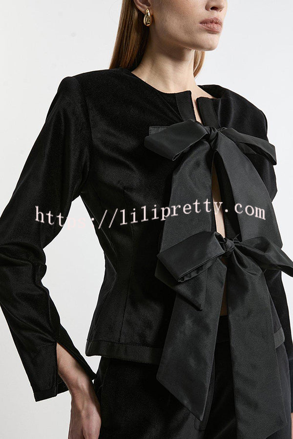 Cue The Cocktails Velvet Tailored Taffeta Bow Detail Peplum Jacket