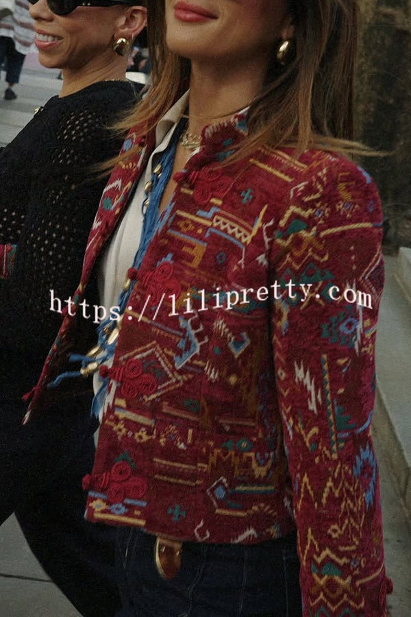 Vintage Bohemian Printed Chinese Style Buttons Long Sleeve Crop Jacket