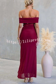 Sexy Mesh Off-shoulder Slim Fit Ruffled Slit Maxi Dress