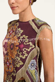 Stunning Floral Print Asymmetric Tassel Trim Scarf Top