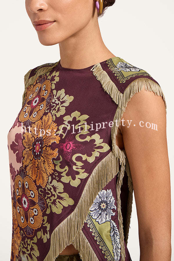 Stunning Floral Print Asymmetric Tassel Trim Scarf Top