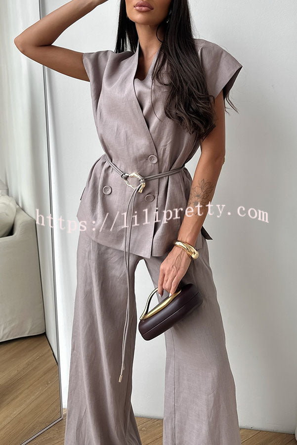 Modern City Double Breasted Belted Wide Short Sleeve Suit and Elastic Waist Loose Pants Set