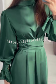 Solid Color Ruffled Sleeves Waisted Tie Slim Fit Maxi Dress