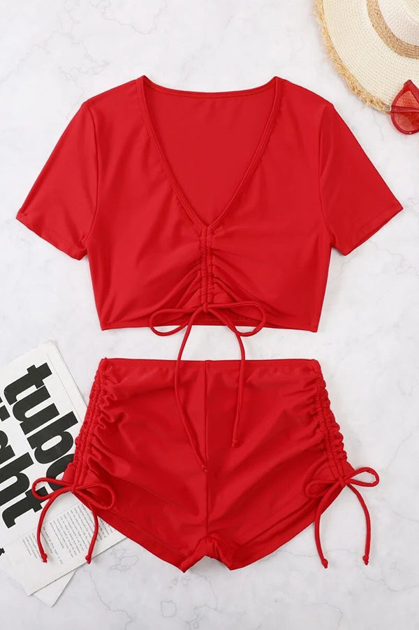 Solid V-Neck Drawstring High-Waist Stretch Two-Piece Bikini Swimsuit