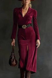 Stylish Suede V-neck Long-sleeved Slim-fit Slit Midi Dress