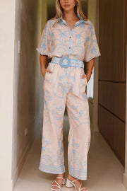 Linen Blend Lapel Puff Sleeve Loose Shirt and Casual Pocket Straight Pants Set
