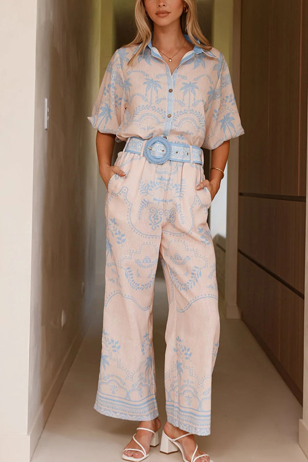 Linen Blend Lapel Puff Sleeve Loose Shirt and Casual Pocket Straight Pants Set