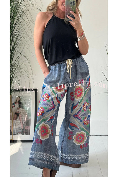 Lilipretty® Hippie Style Unique Floral Denim Print Elastic Waist Pocketed Wide Leg Pants