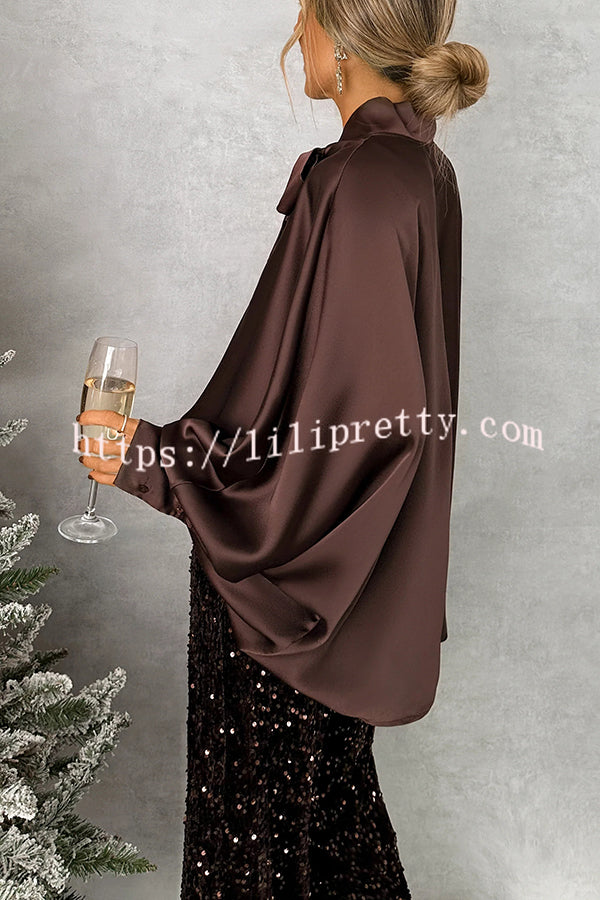 Chic and Merry Satin Bow Neck Batwing Sleeve Loose-fitting Blouse