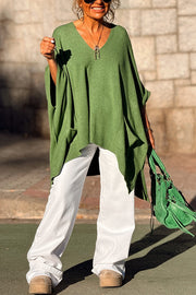 Fashion V-neck Loose Pocket Mid-length Knitted Poncho Sweater