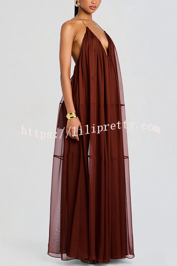 Flowing Lightweight Chiffon Chain Halter Neck Detail Backless A-line Maxi Dress