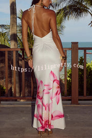 Floral Print Sexy Halterneck Open Back Pleated Slim Maxi Dress
