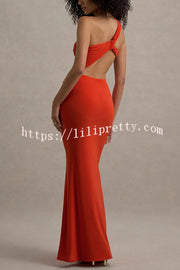 Sexy One-shoulder Backless Ribbon Pleated Slim Maxi Dress