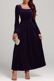 Solid Color Velvet Square Neck Long Sleeve Elegant Maxi Dress