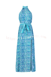 Unique Print Sexy Off-the-shoulder Waist Tie Slit Holiday Midi Dresses