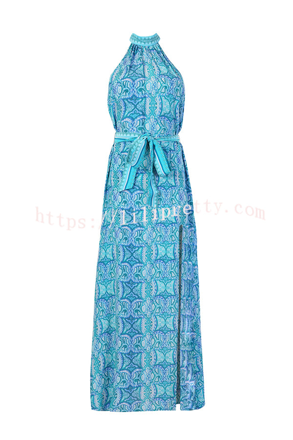 Unique Print Sexy Off-the-shoulder Waist Tie Slit Holiday Midi Dresses