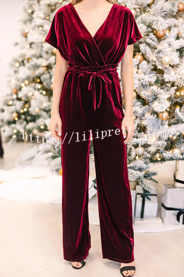 Lilipretty Holiday Star Velvet Lace Up Pocket Wide Leg Jumpsuit
