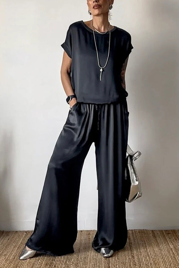 Satin Solid Color Loose Short-sleeved Top and Elastic Waist Lace-up Pocket Wide-leg Pants Set