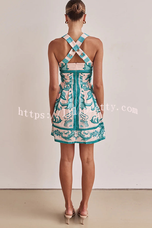 Channeling Summer Linen Blend Unique Print Wide Strap Pocketed Mini Dress