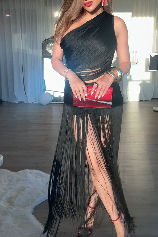 Dancing Miracle One Shoulder High Waist Hollow Design Tassel Hem Drape Mini Dress