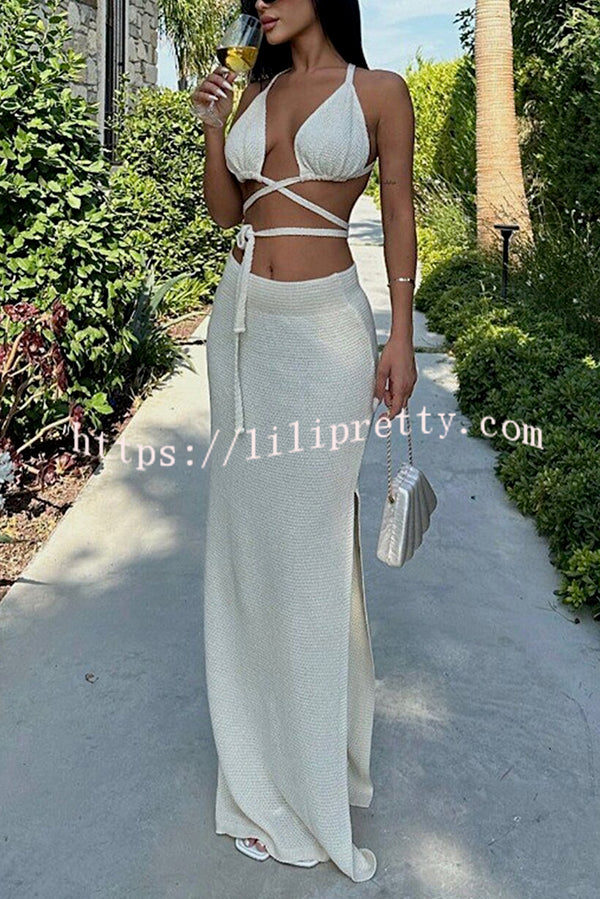 Solid Color Sexy Lace-up Swimsuit and Knitted Elastic Slit Beach Maxi Skirt Set